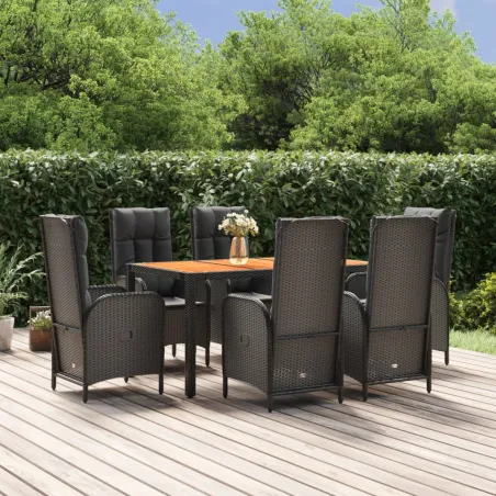 Ensemble à manger de jardin coussins 7pcs Noir Résine tressée