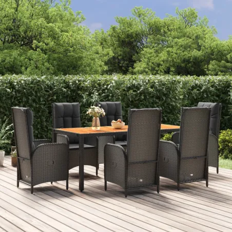 Ensemble à manger de jardin coussins 7pcs Noir Résine tressée