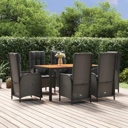Ensemble à manger de jardin coussins 7pcs Noir Résine tressée