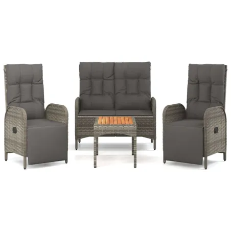 Ensemble à manger jardin 4pcs et coussins Gris Résine tressée