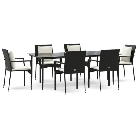 Ensemble à manger de jardin coussins 7pcs Noir Résine tressée