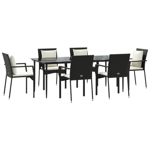 Ensemble à manger de jardin coussins 7pcs Noir Résine tressée