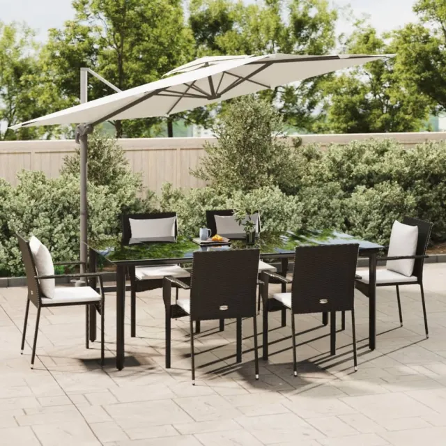 Ensemble à manger de jardin coussins 7pcs Noir Résine tressée