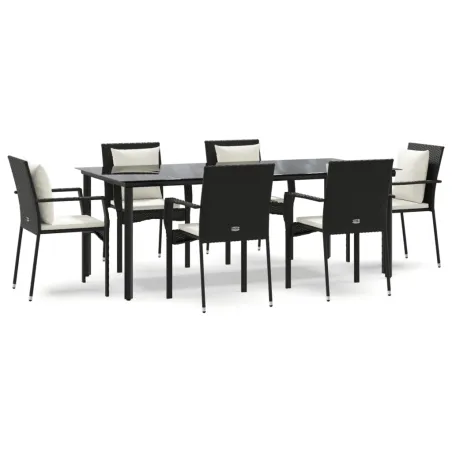 Ensemble à manger de jardin coussins 7pcs Noir Résine tressée