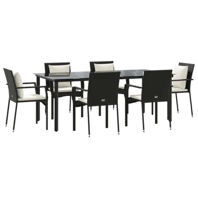 Ensemble à manger de jardin coussins 7pcs Noir Résine tressée