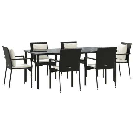 Ensemble à manger de jardin coussins 7pcs Noir Résine tressée