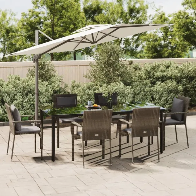 Ensemble à manger jardin et coussins 7 pcs Noir et gris Rotin