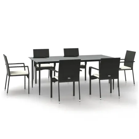 Ensemble à manger de jardin coussins 7pcs Noir Résine tressée
