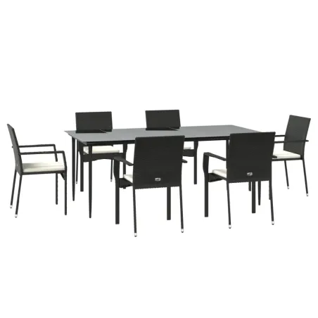 Ensemble à manger de jardin coussins 7pcs Noir Résine tressée