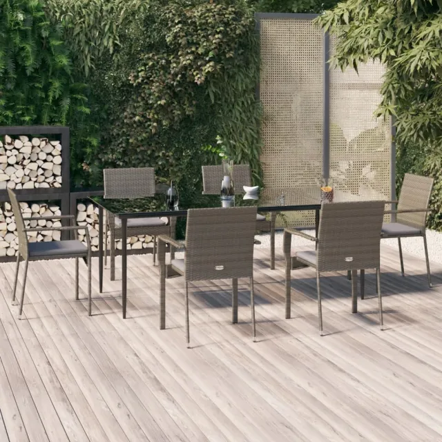 Ensemble à manger jardin et coussins 7 pcs Noir et gris Rotin