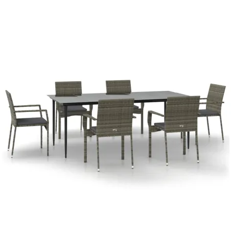 Ensemble à manger jardin et coussins 7 pcs Noir et gris Rotin