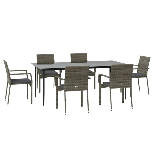 Ensemble à manger jardin et coussins 7 pcs Noir et gris Rotin