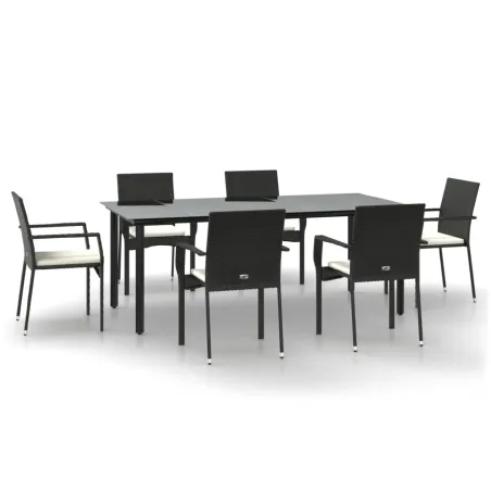 Ensemble à manger de jardin coussins 7pcs Noir Résine tressée