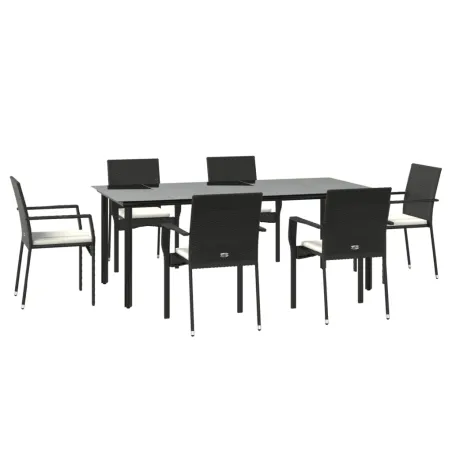 Ensemble à manger de jardin coussins 7pcs Noir Résine tressée