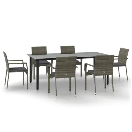 Ensemble à manger jardin et coussins 7 pcs Noir et gris Rotin