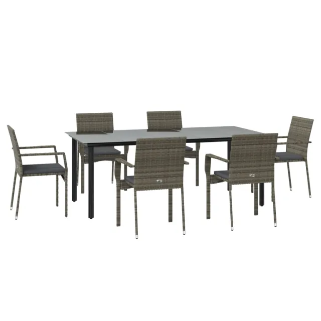 Ensemble à manger jardin et coussins 7 pcs Noir et gris Rotin