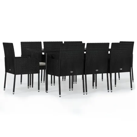 Ensemble à manger jardin 9pcs et coussins noir résine tressée