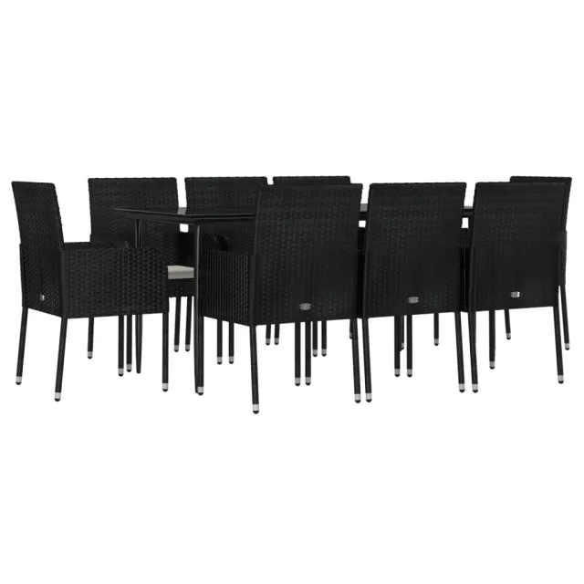 Ensemble à manger jardin 9pcs et coussins noir résine tressée
