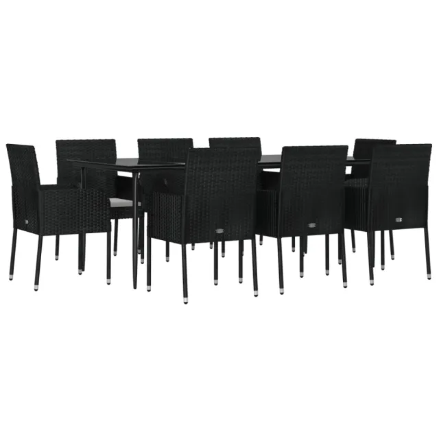 Ensemble à manger jardin 9pcs et coussins noir résine tressée
