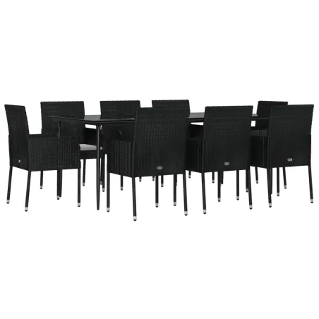 Ensemble à manger jardin 9pcs et coussins noir résine tressée