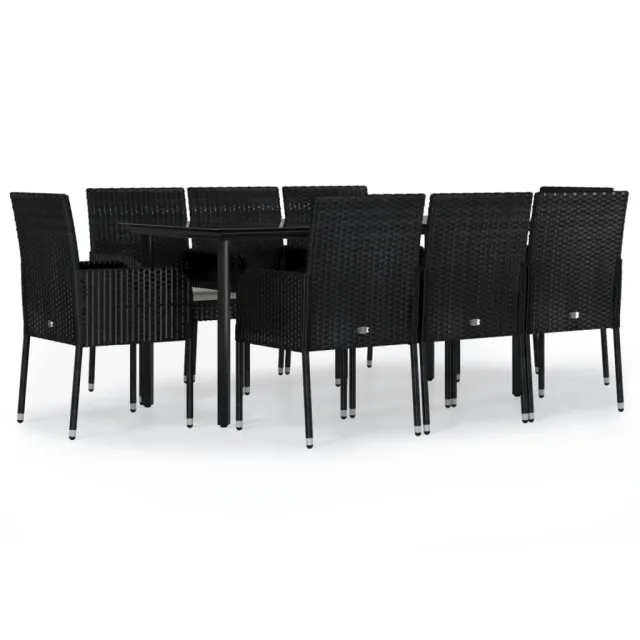 Ensemble à manger jardin 9pcs et coussins noir résine tressée