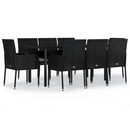 Ensemble à manger jardin 9pcs et coussins noir résine tressée