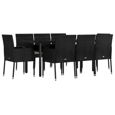 Ensemble à manger jardin 9pcs et coussins noir résine tressée