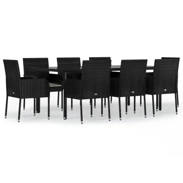 Ensemble à manger jardin 9pcs et coussins noir résine tressée