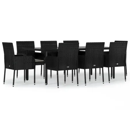 Ensemble à manger jardin 9pcs et coussins noir résine tressée