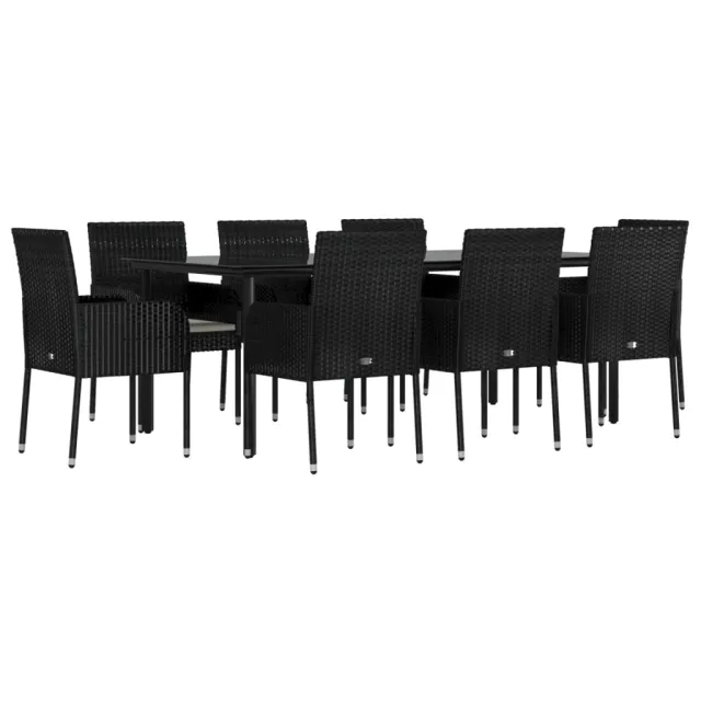 Ensemble à manger jardin 9pcs et coussins noir résine tressée