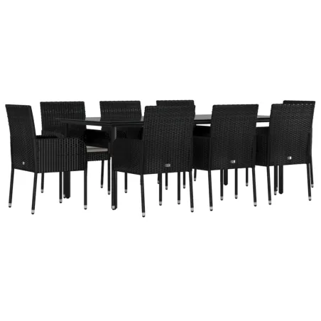 Ensemble à manger jardin 9pcs et coussins noir résine tressée