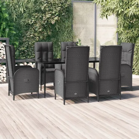 Ensemble à manger de jardin coussins 7pcs Noir Résine tressée