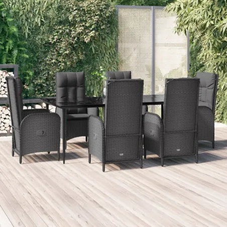 Ensemble à manger de jardin coussins 7pcs Noir Résine tressée