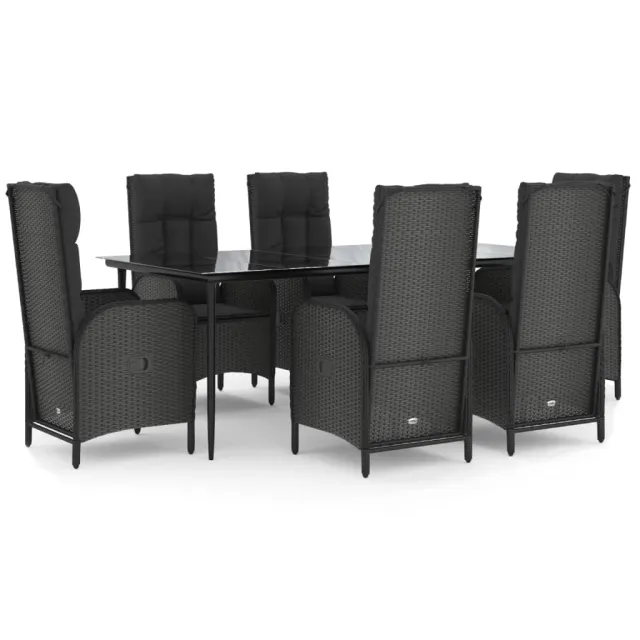 Ensemble à manger de jardin coussins 7pcs Noir Résine tressée