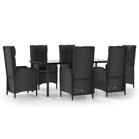 Ensemble à manger de jardin coussins 7pcs Noir Résine tressée