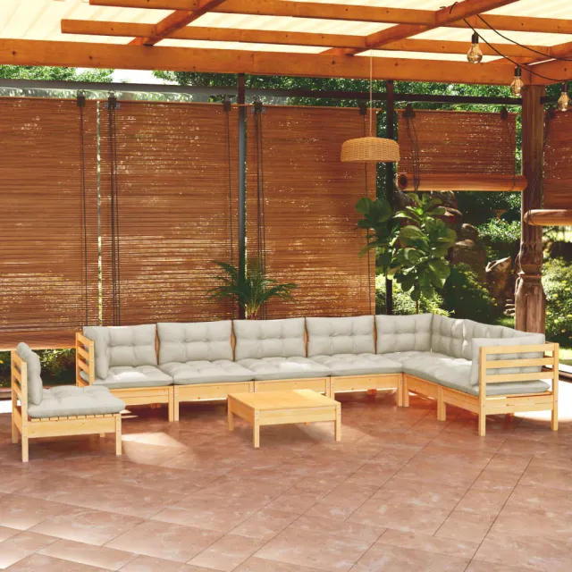 Salon de jardin 9 pcs avec coussins crème bois de pin massif