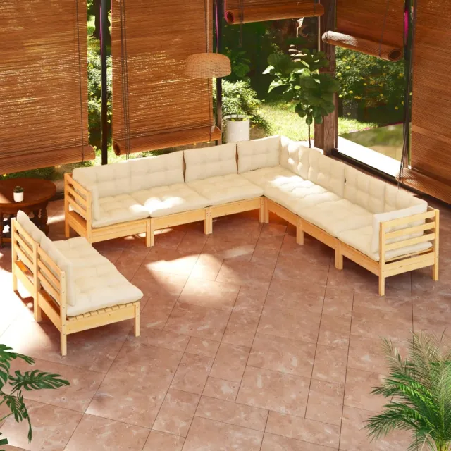 Salon de jardin 9 pcs avec coussins crème bois de pin massif