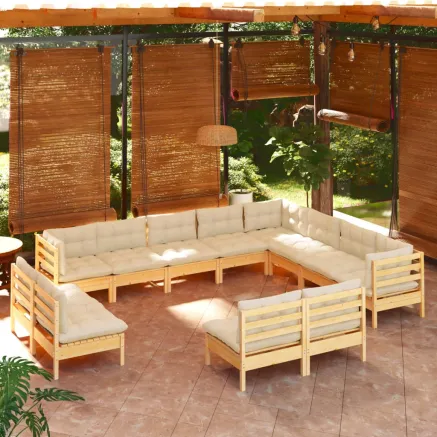 Salon de jardin 12 pcs avec coussins crème Bois de pin massif