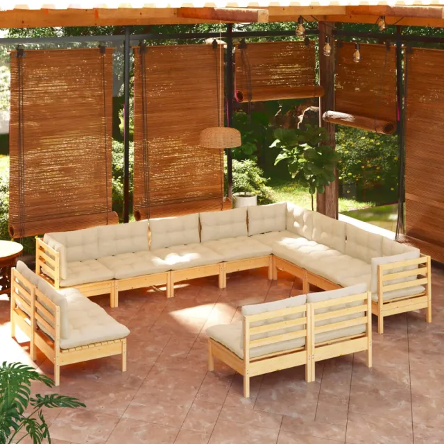 Salon de jardin 12 pcs avec coussins crème Bois de pin massif