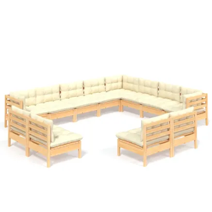 Salon de jardin 12 pcs avec coussins crème Bois de pin massif 2