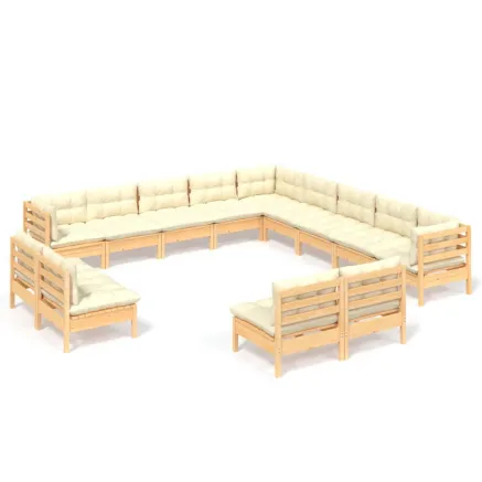 Salon de jardin 13 pcs avec coussins crème Bois de pin massif 2