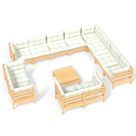 Salon de jardin 13 pcs avec coussins crème Bois de pin solide