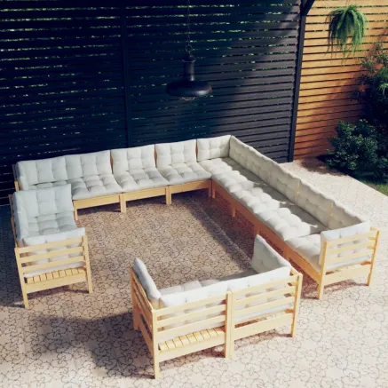 Salon de jardin 13 pcs avec coussins crème Bois de pin solide