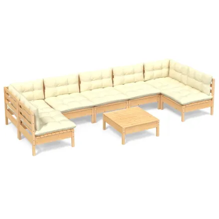 Salon de jardin 8 pcs avec coussins crème Bois de pin massif 2