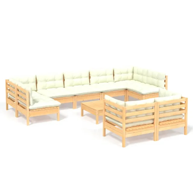 Salon de jardin 10 pcs avec coussins crème bois de pin massif