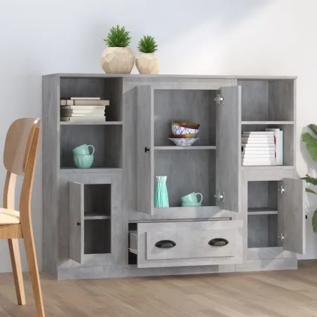 Buffets 3 pcs gris béton bois d'ingénierie