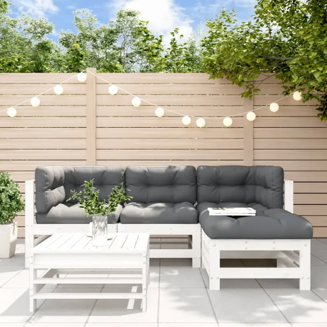 Salon de jardin 5 pcs avec coussins blanc bois massif