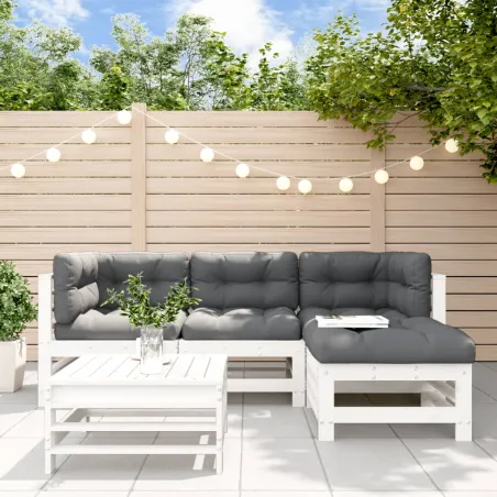 Salon de jardin 5 pcs avec coussins blanc bois massif