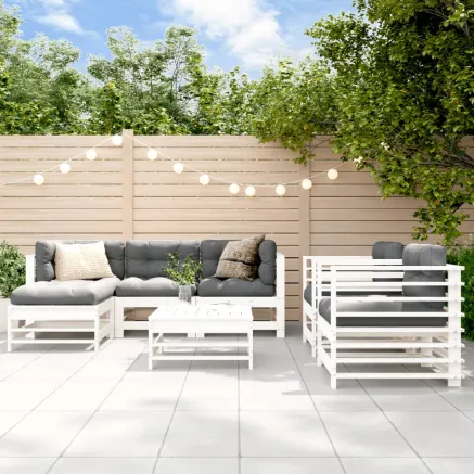 Salon de jardin 7 pcs avec coussins blanc bois massif
