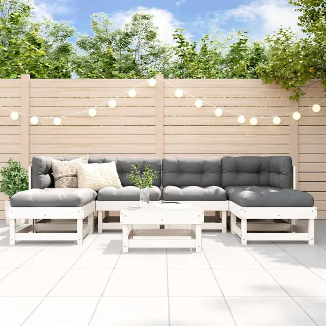 Salon de jardin 7 pcs avec coussins blanc bois massif